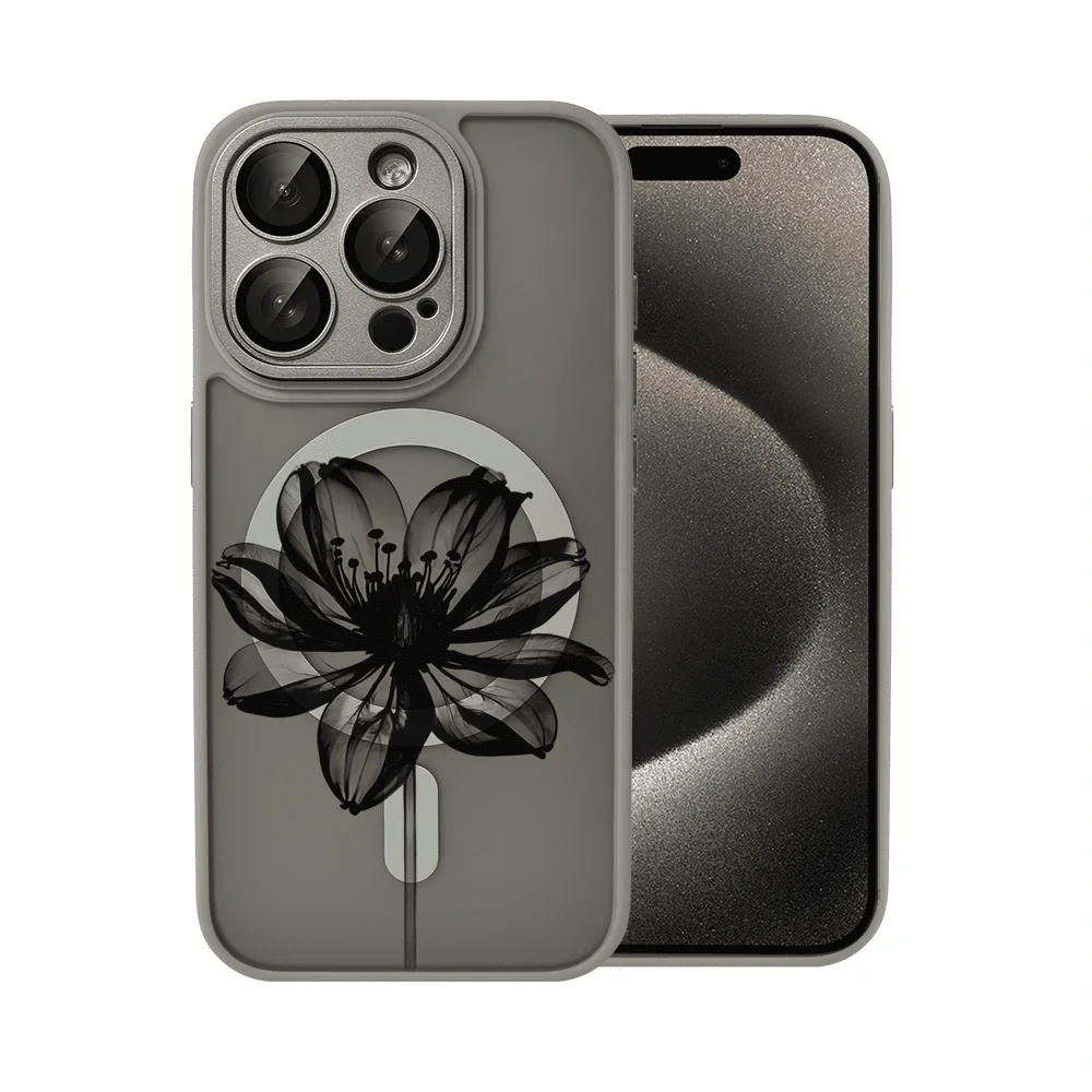 Etui do iPhone 15 Pro Color Flush z Magsafe, z osłoną aparatu, z nadrukiem czarny kwiat, tytanowe
