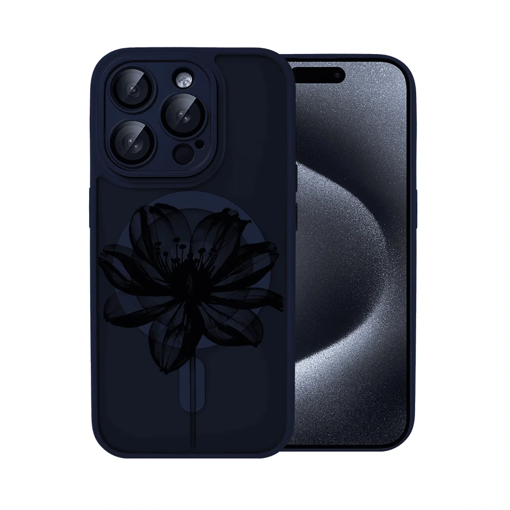 etui do iphone 15 pro color flush z magsafe, z osłoną aparatu, z nadrukiem czarny kwiat, granatowe