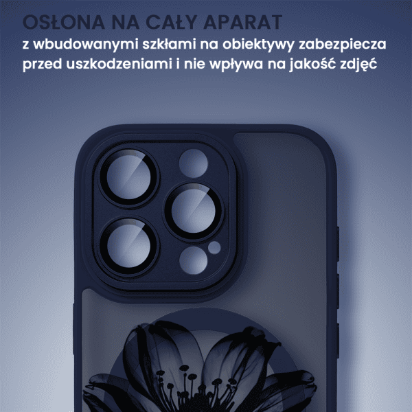 etui do iphone 15 pro color flush z magsafe, z osłoną aparatu, z nadrukiem czarny kwiat, granatowe