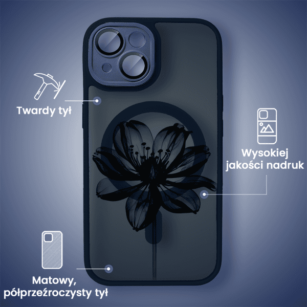 etui do iphone 15 plus color flush z magsafe, z osłoną aparatu, z nadrukiem czarny kwiat, granatowe