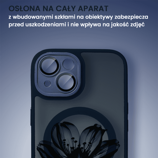 etui do iphone 15 plus color flush z magsafe, z osłoną aparatu, z nadrukiem czarny kwiat, granatowe