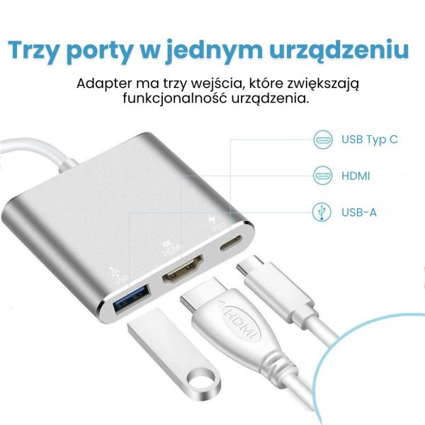 adapter usb typ chdmiusb z wbudowanym kablem usb typ c, pd 60w, srebrny