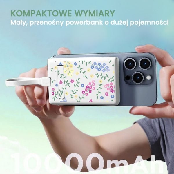 power bank akumulator magsafe do iphone 10000 mah z podstawką, 20w, kwiatki polne