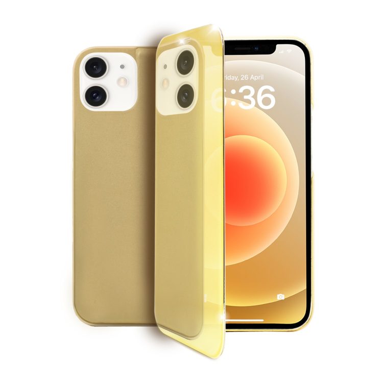 etui do iphone 12 mirror view zamykane typu książka, eleganckie lustrzane, złote