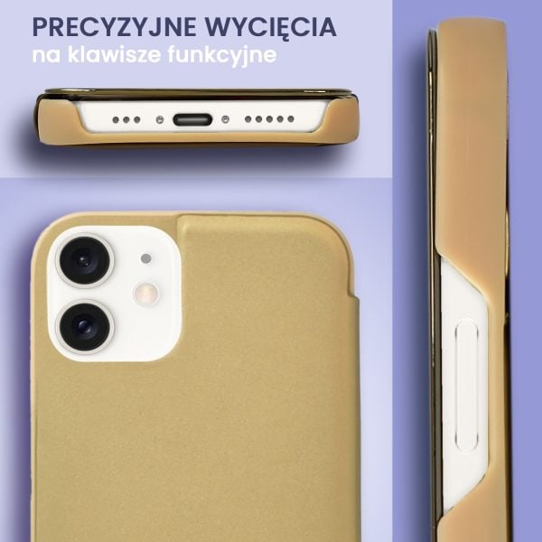 etui do iphone 12 mirror view zamykane typu książka, eleganckie lustrzane, złote