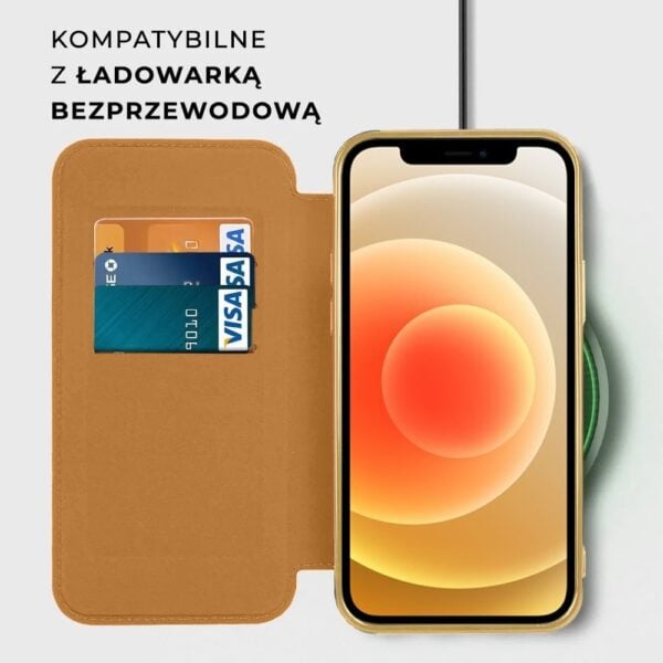 etui do iphone 12 typu książka book magsafe lens protect, z klapką, złote