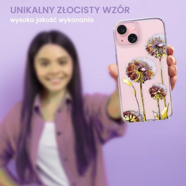 etui do iphone 13 mini, przeźroczyste, fioletowe dmuchawce ze złotym zdobieniem