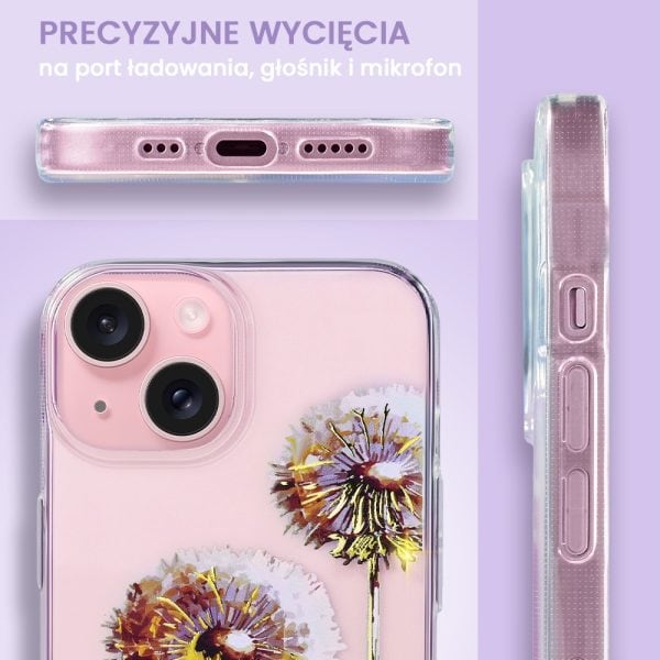 etui do iphone 13 mini, przeźroczyste, fioletowe dmuchawce ze złotym zdobieniem