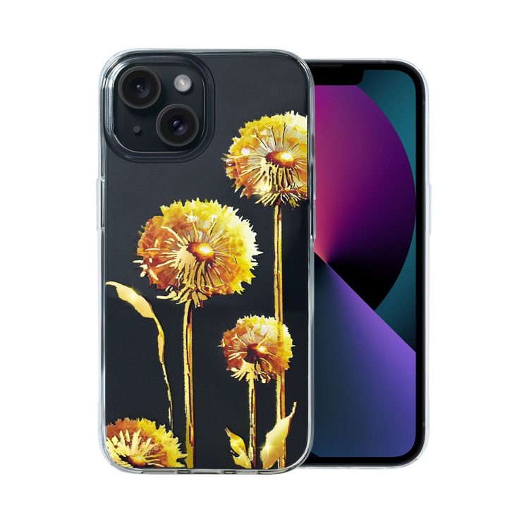 etui do iphone 13 mini, przeźroczyste, dmuchawce ze złotym zdobieniem