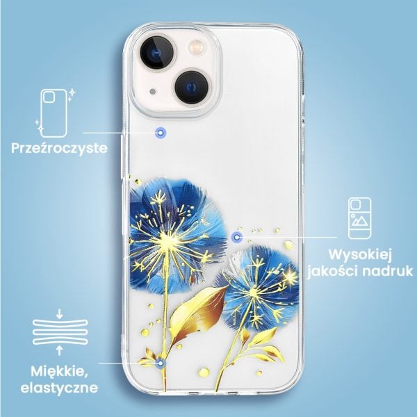 etui do iphone 13 mini, przeźroczyste, niebieskie dmuchawce ze złotym zdobieniem