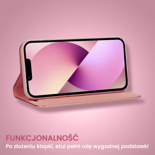 etui do iphone 13 mirror view zamykane typu książka, eleganckie lustrzane, różowe