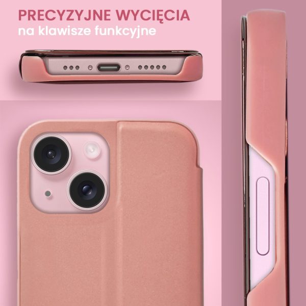 etui do iphone 13 mirror view zamykane typu książka, eleganckie lustrzane, różowe
