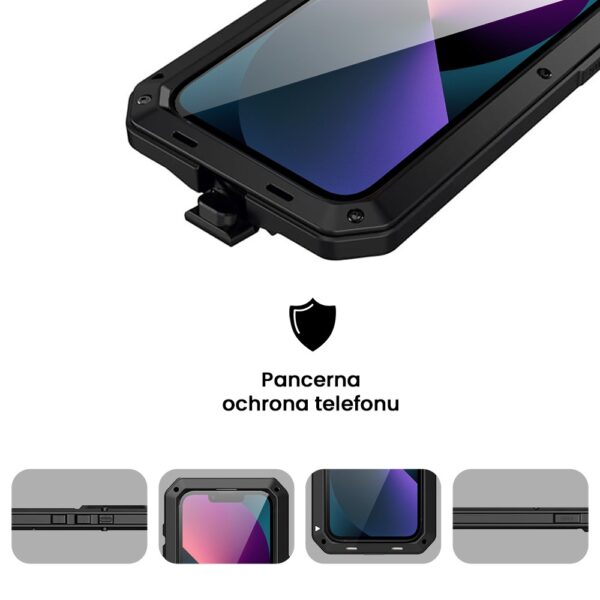 Etui do iPhone 13 Panzer Max, metalowa, skręcana, pancerna obudowa przód+tył, czarne pop (2)
