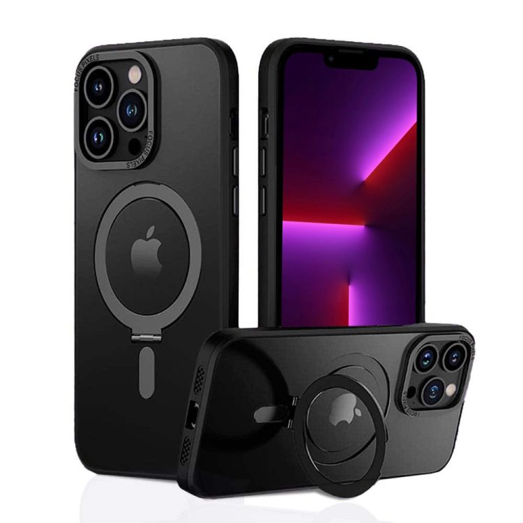 etui do iphone 13 pro max metal cam magsafe stand z podstawką, twarde, półprzeźroczyste, czarne