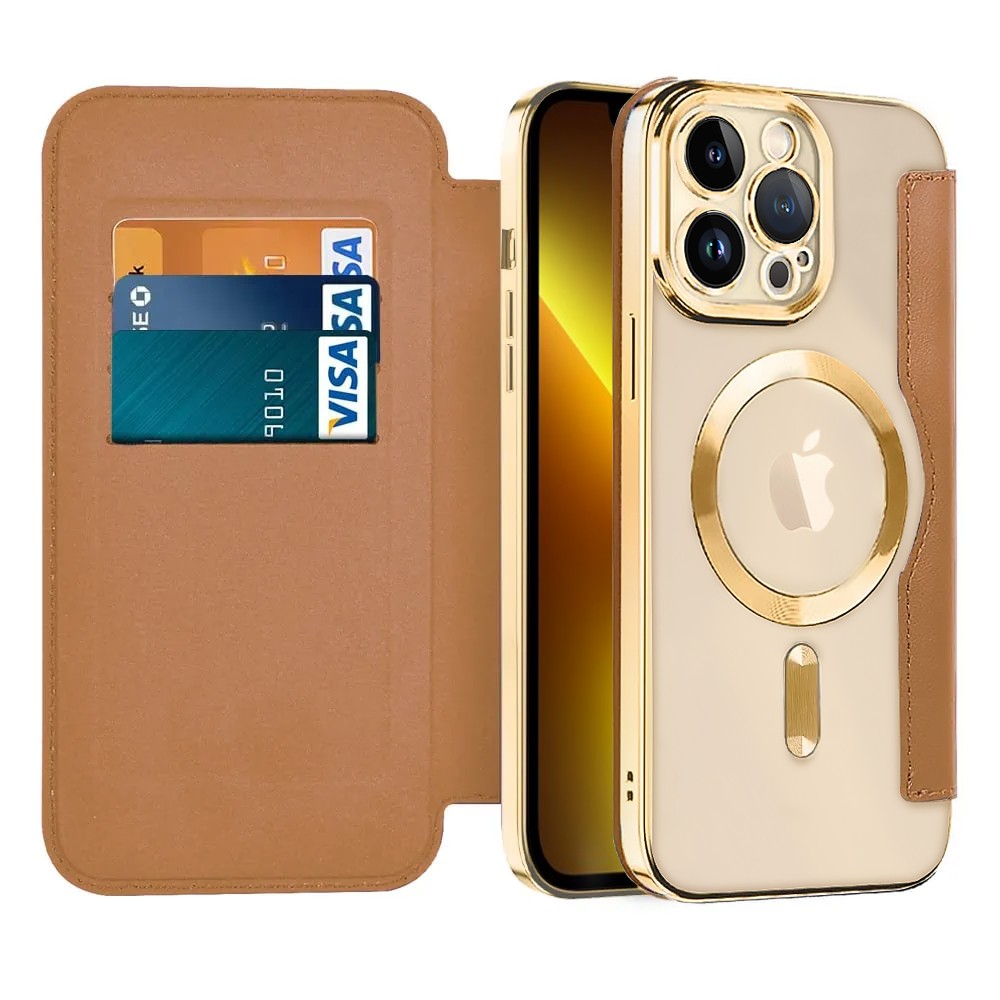 etui do iphone 13 pro max typu książka book magsafe lens protect, z klapką, złote