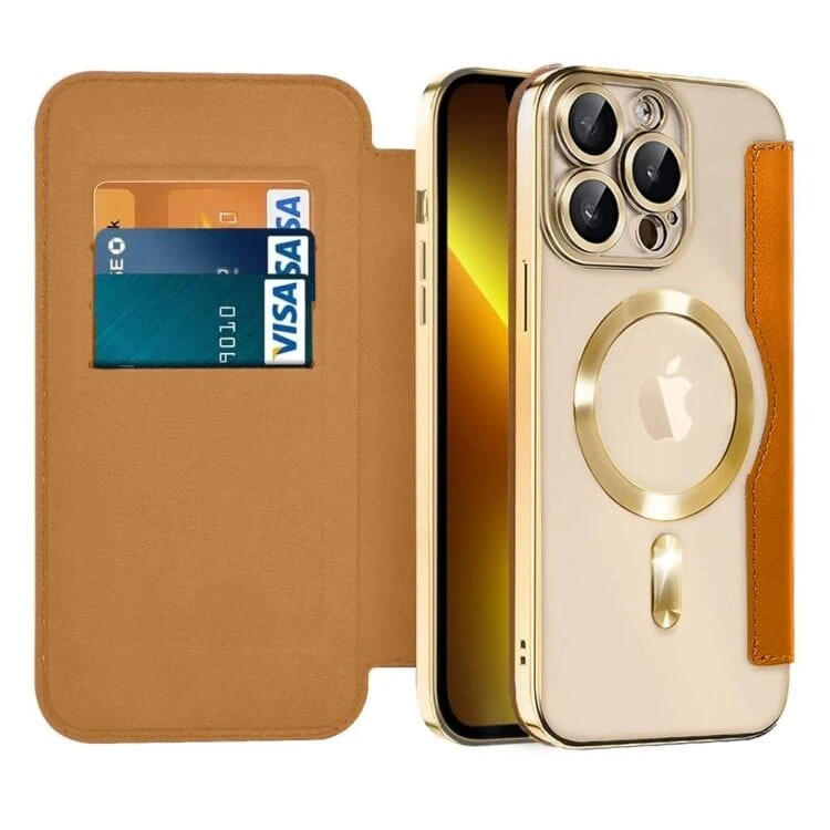etui do iphone 13 pro max typu książka book magsafe lens protect, z klapką, złote