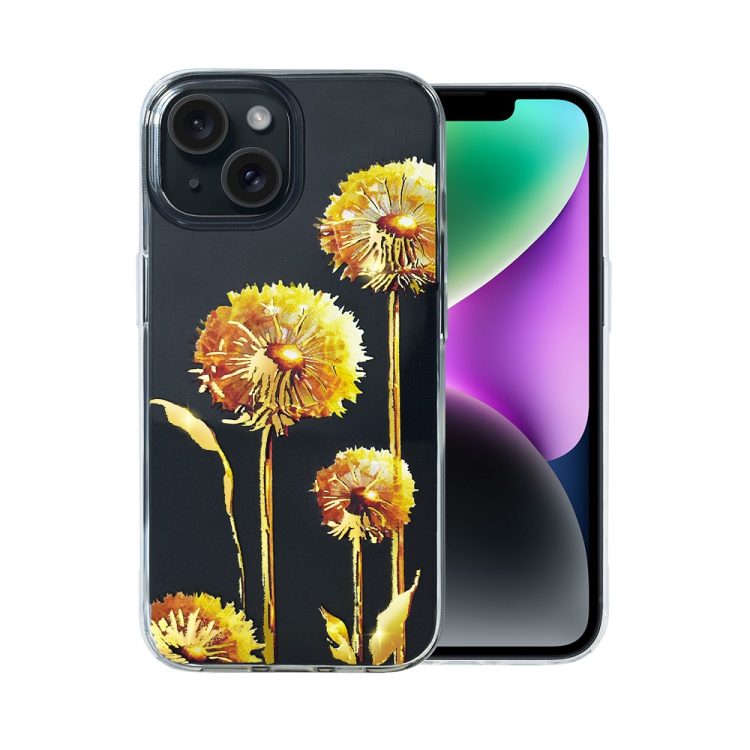 etui do iphone 14 plus, przeźroczyste, dmuchawce ze złotym zdobieniem