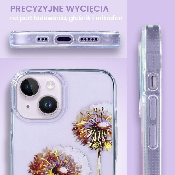 etui do iphone 14 plus, przeźroczyste, fioletowe dmuchawce ze złotym zdobieniem