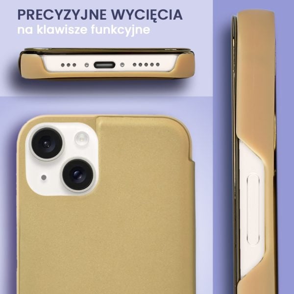 etui do iphone 14 mirror view zamykane typu książka, eleganckie lustrzane, złote