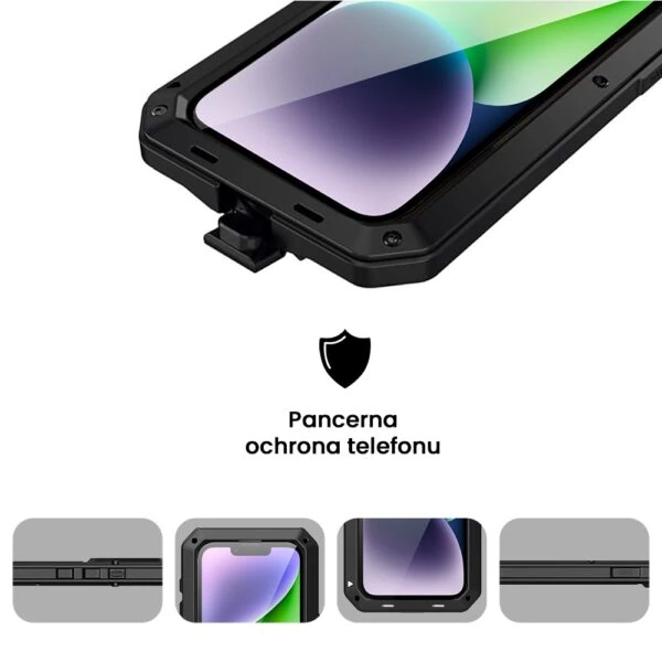 Etui do iPhone 14 Panzer Max, metalowa, skręcana, pancerna obudowa przód+tył, czarne (2)