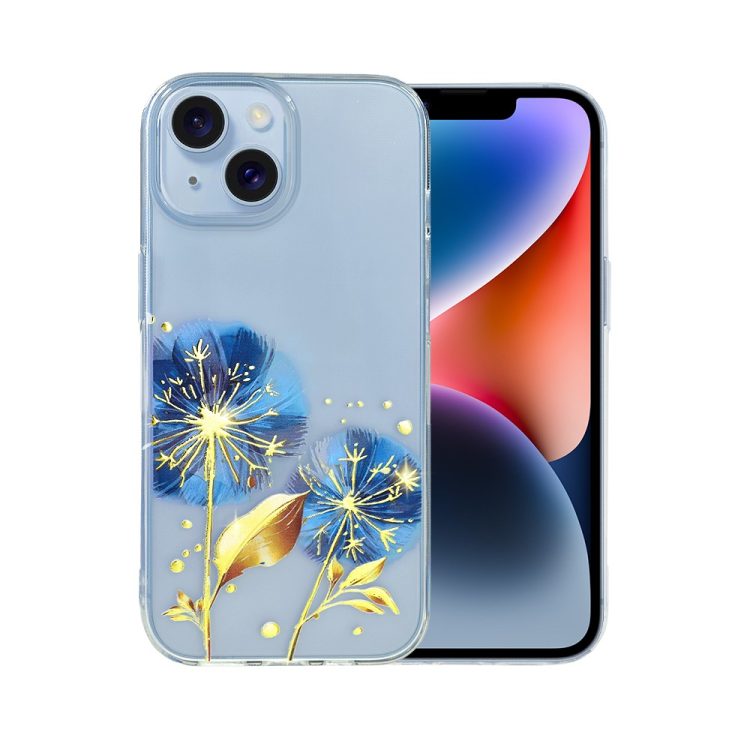 etui do iphone 14 plus, przeźroczyste, niebieskie dmuchawce ze złotym zdobieniem