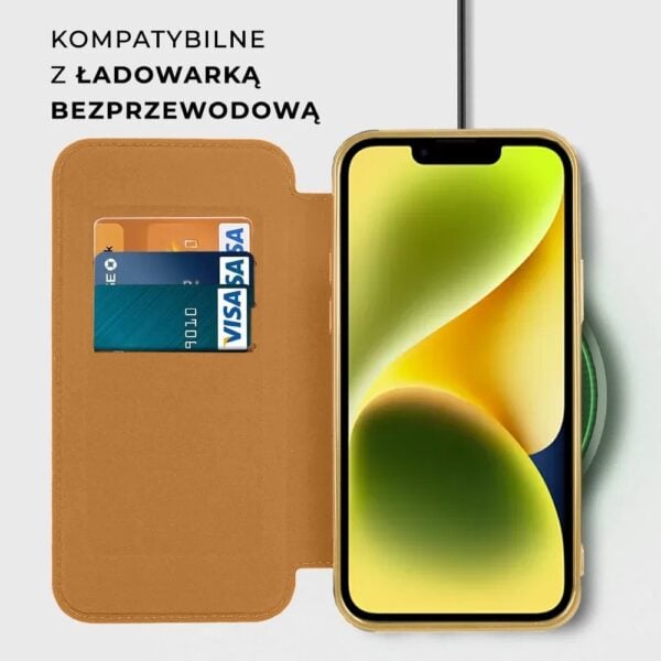 etui do iphone 14 plus typu książka book magsafe lens protect, z klapką, złote