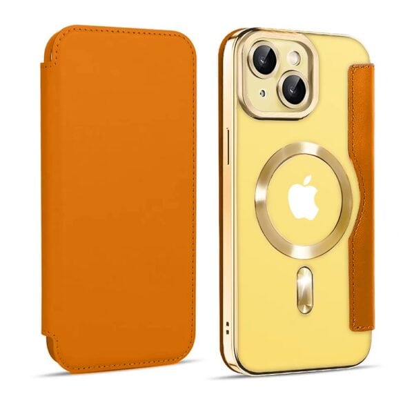 etui do iphone 14 plus typu książka book magsafe lens protect, z klapką, złote