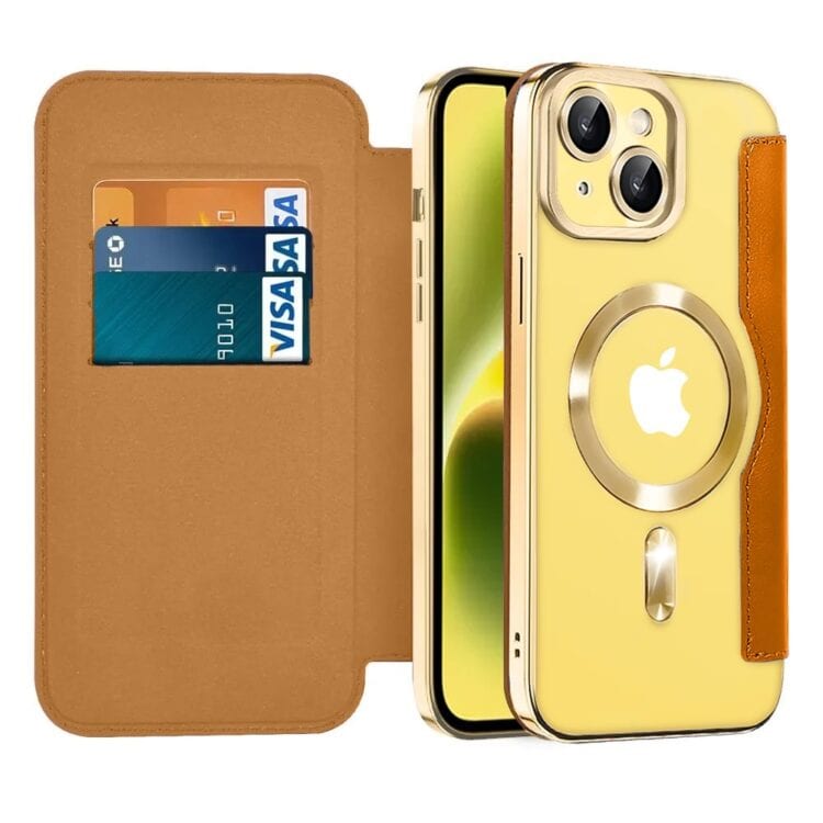 etui do iphone 14 plus typu książka book magsafe lens protect, z klapką, złote
