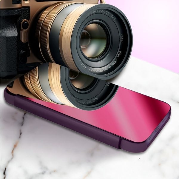 etui do iphone 14 pro max mirror view zamykane typu książka, eleganckie lustrzane, purpurowe