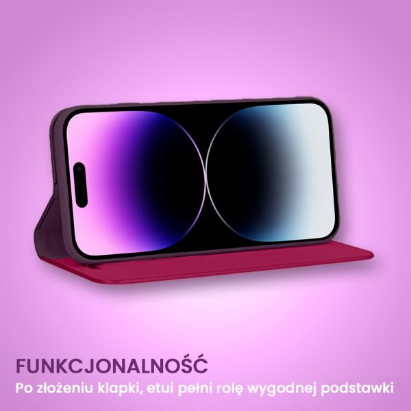 etui do iphone 14 pro max mirror view zamykane typu książka, eleganckie lustrzane, purpurowe