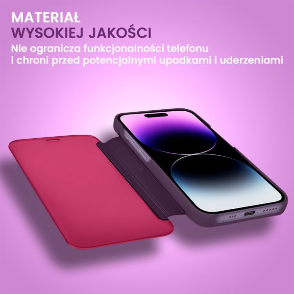 etui do iphone 14 pro max mirror view zamykane typu książka, eleganckie lustrzane, purpurowe