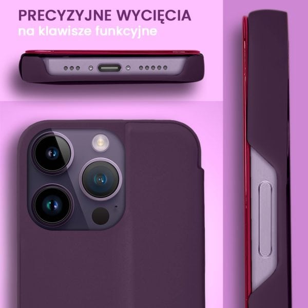 etui do iphone 14 pro max mirror view zamykane typu książka, eleganckie lustrzane, purpurowe