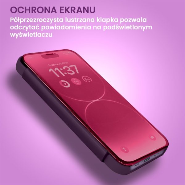 etui do iphone 14 pro max mirror view zamykane typu książka, eleganckie lustrzane, purpurowe