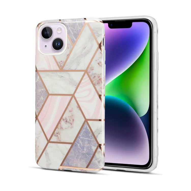 etui do iphone 14 szaro różowy marmur ze złotymi wzorami