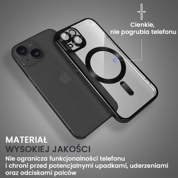 etui do iphone 15 plus magsafe luxury protect przeźroczyste, z osłoną aparatu, titanium finish, czarne