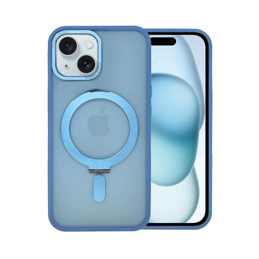 etui do iphone 15 plus metal cam magsafe stand z podstawką, twarde, półprzeźroczyste, jasno niebieskie