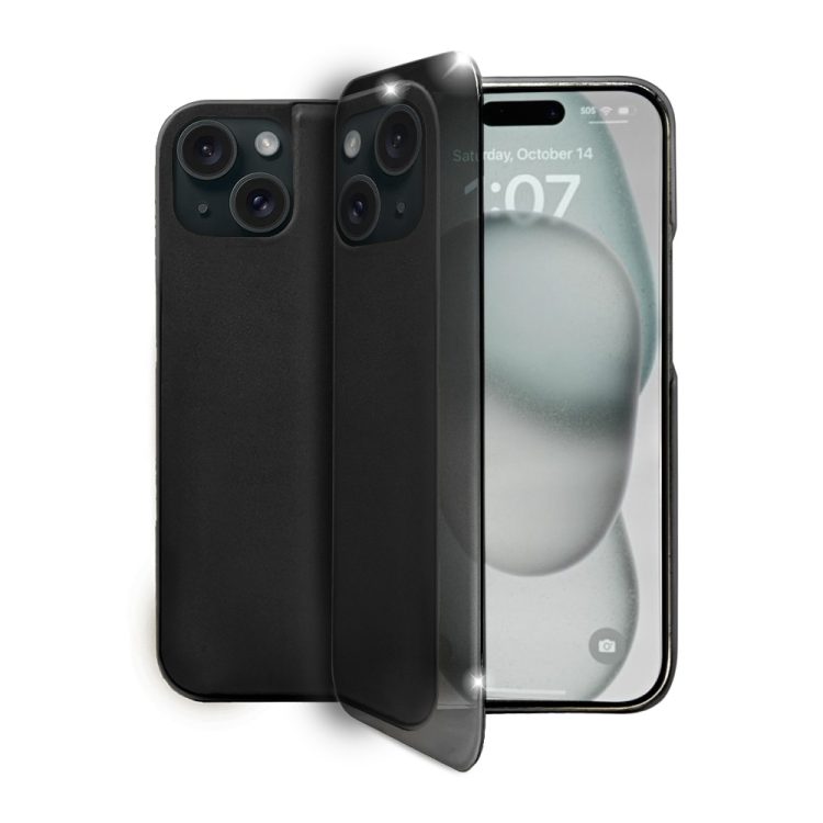 etui do iphone 15 plus mirror view zamykane typu książka, eleganckie lustrzane, czarne