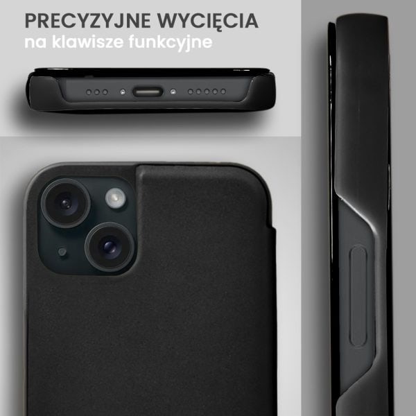 etui do iphone 15 plus mirror view zamykane typu książka, eleganckie lustrzane, czarne