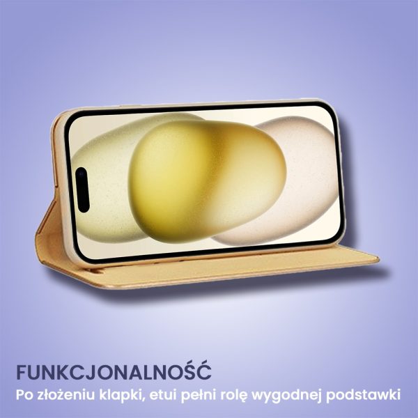 etui do iphone 15 plus mirror view zamykane typu książka, eleganckie lustrzane, złote