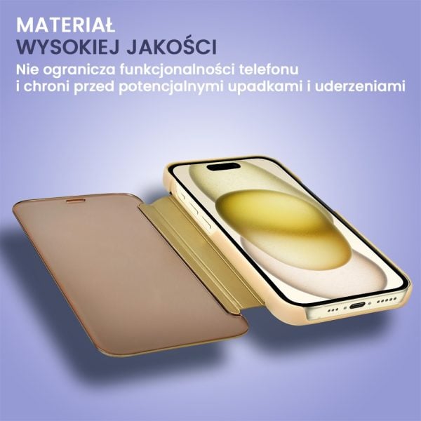 etui do iphone 15 plus mirror view zamykane typu książka, eleganckie lustrzane, złote