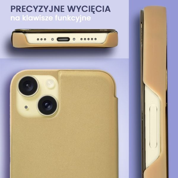 etui do iphone 15 plus mirror view zamykane typu książka, eleganckie lustrzane, złote