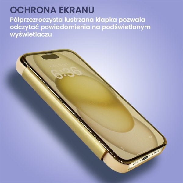 etui do iphone 15 plus mirror view zamykane typu książka, eleganckie lustrzane, złote