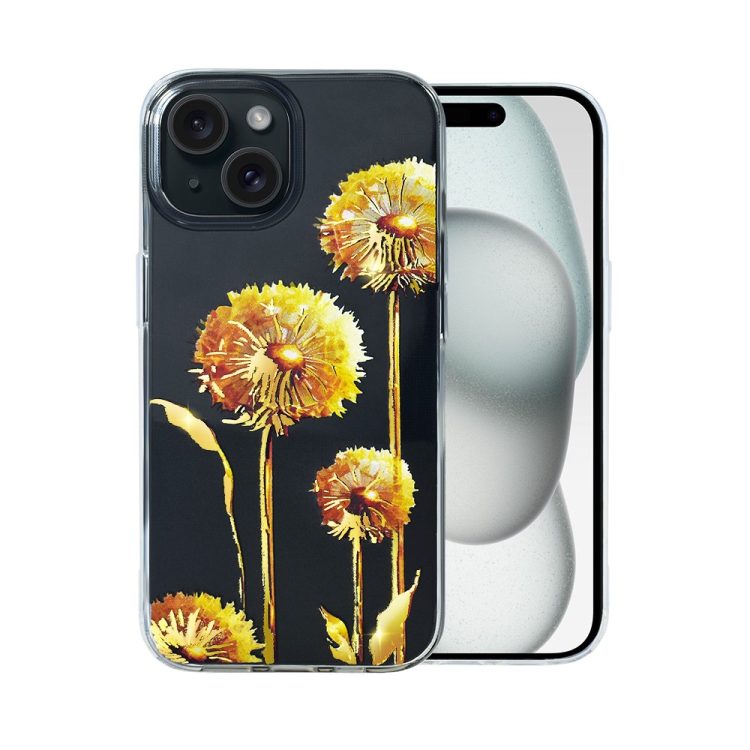 etui do iphone 15 plus, przeźroczyste, dmuchawce ze złotym zdobieniem