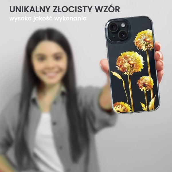 etui do iphone 15 plus, przeźroczyste, dmuchawce ze złotym zdobieniem