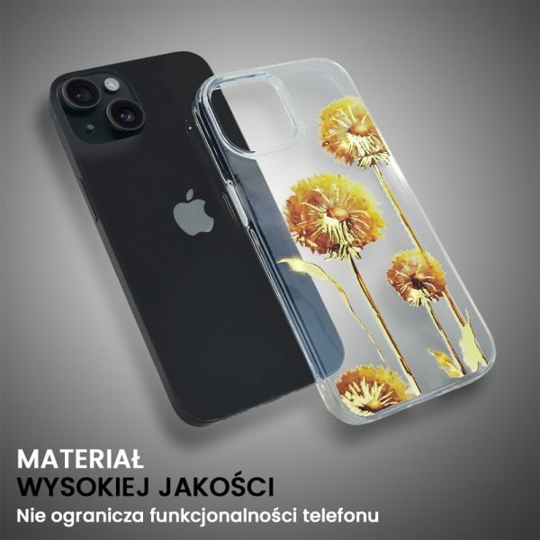 etui do iphone 15 plus, przeźroczyste, dmuchawce ze złotym zdobieniem