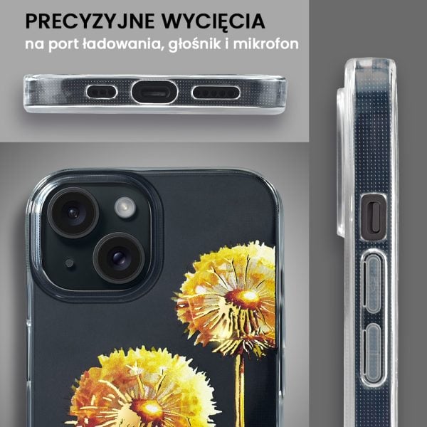 etui do iphone 15 plus, przeźroczyste, dmuchawce ze złotym zdobieniem