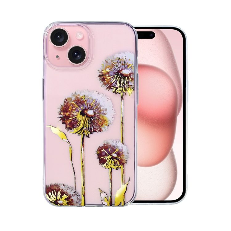 etui do iphone 15 plus, przeźroczyste, fioletowe dmuchawce ze złotym zdobieniem