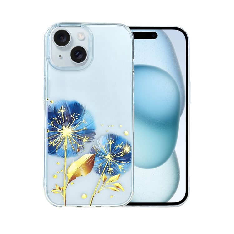 etui do iphone 15 plus, przeźroczyste, niebieskie dmuchawce ze złotym zdobieniem