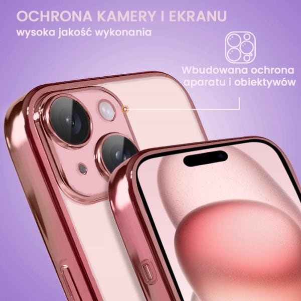 etui do iphone 15 slim protect full cover z osłoną kamery i obiektywów 9h, różowe