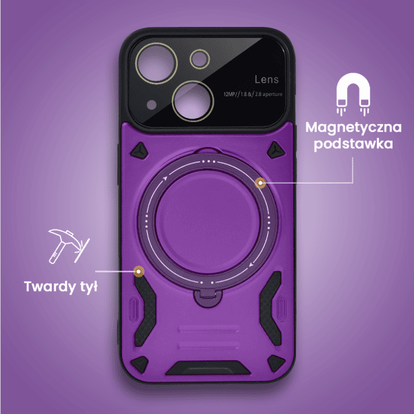 etui do iphone 15 magsafe camera beam stand pancerne, osłona kamery z podstawką, fioletowe